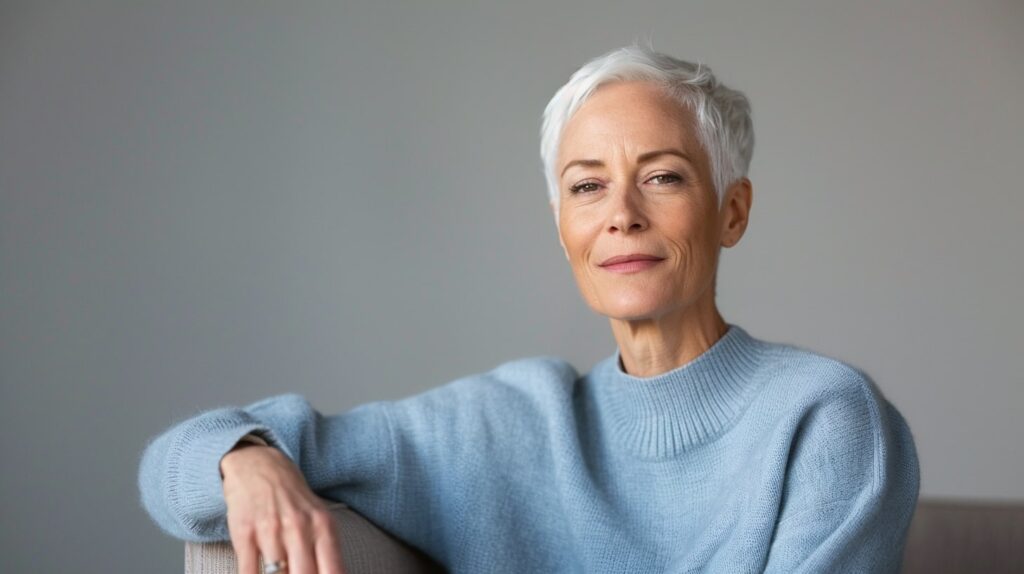 Confident older woman with short white hair wearing a light blue sweater, sitting and smiling slightly, looking directly at the camera against a plain background.