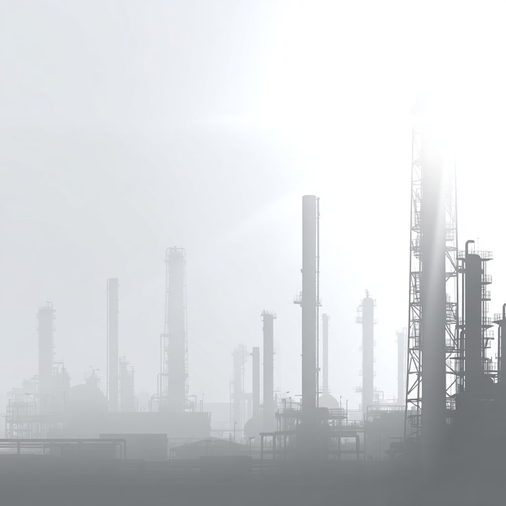 Industrial refinery silhouettes with tall chimneys and towers stand against a bright, hazy sky, creating a dramatic and misty atmosphere.