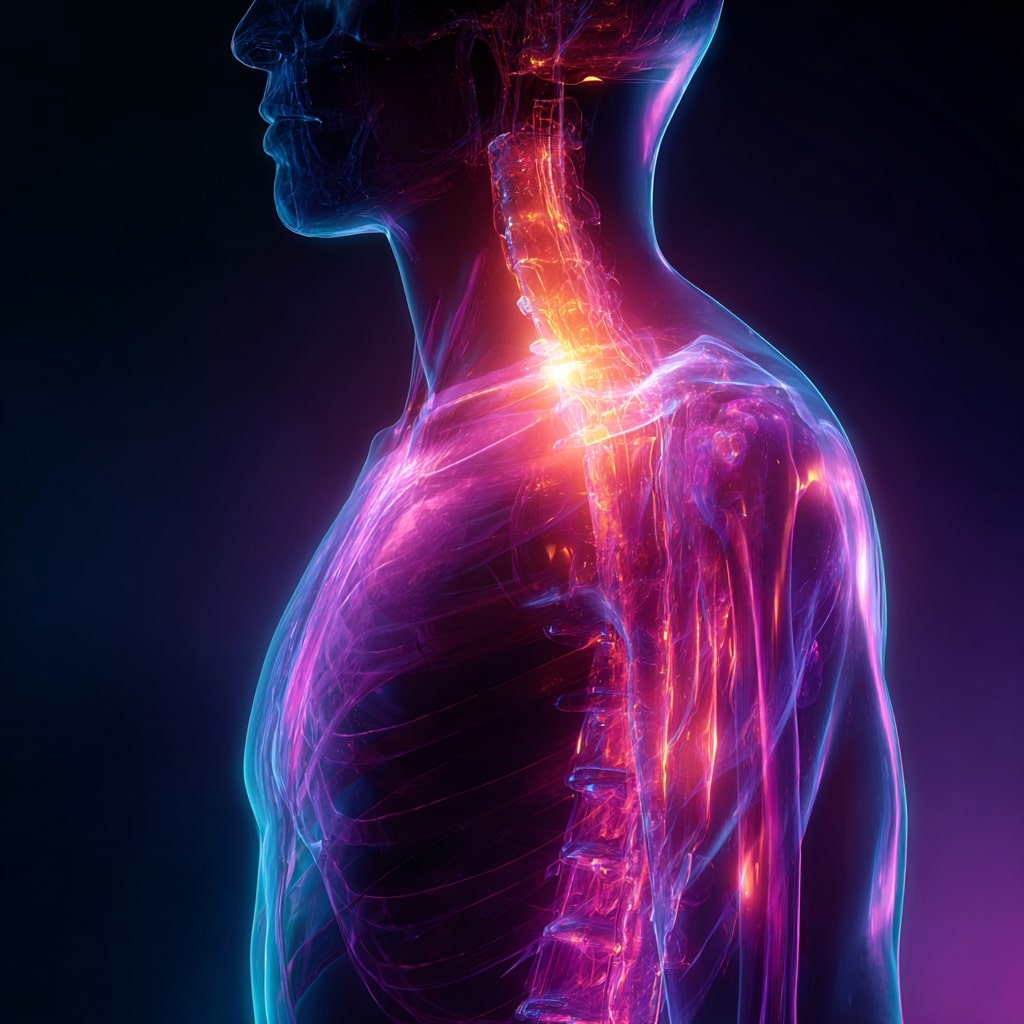 A digital illustration shows a side view of a human upper body, highlighting the spine, neck, and shoulder with glowing colors to emphasize nerves and bones against a dark background.