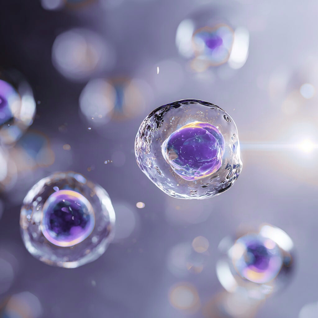 A close-up digital illustration of transparent cells with purple nuclei suspended in a soft, glowing, purple-tinted environment, suggesting a microscopic or biological scene.