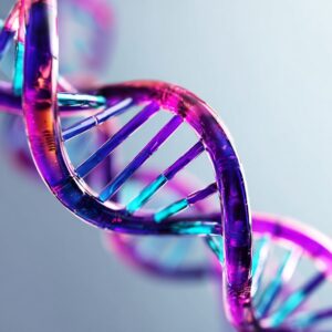 A close-up, detailed view of a colorful DNA double helix, featuring purple, blue, and pink hues against a soft, blurred background.