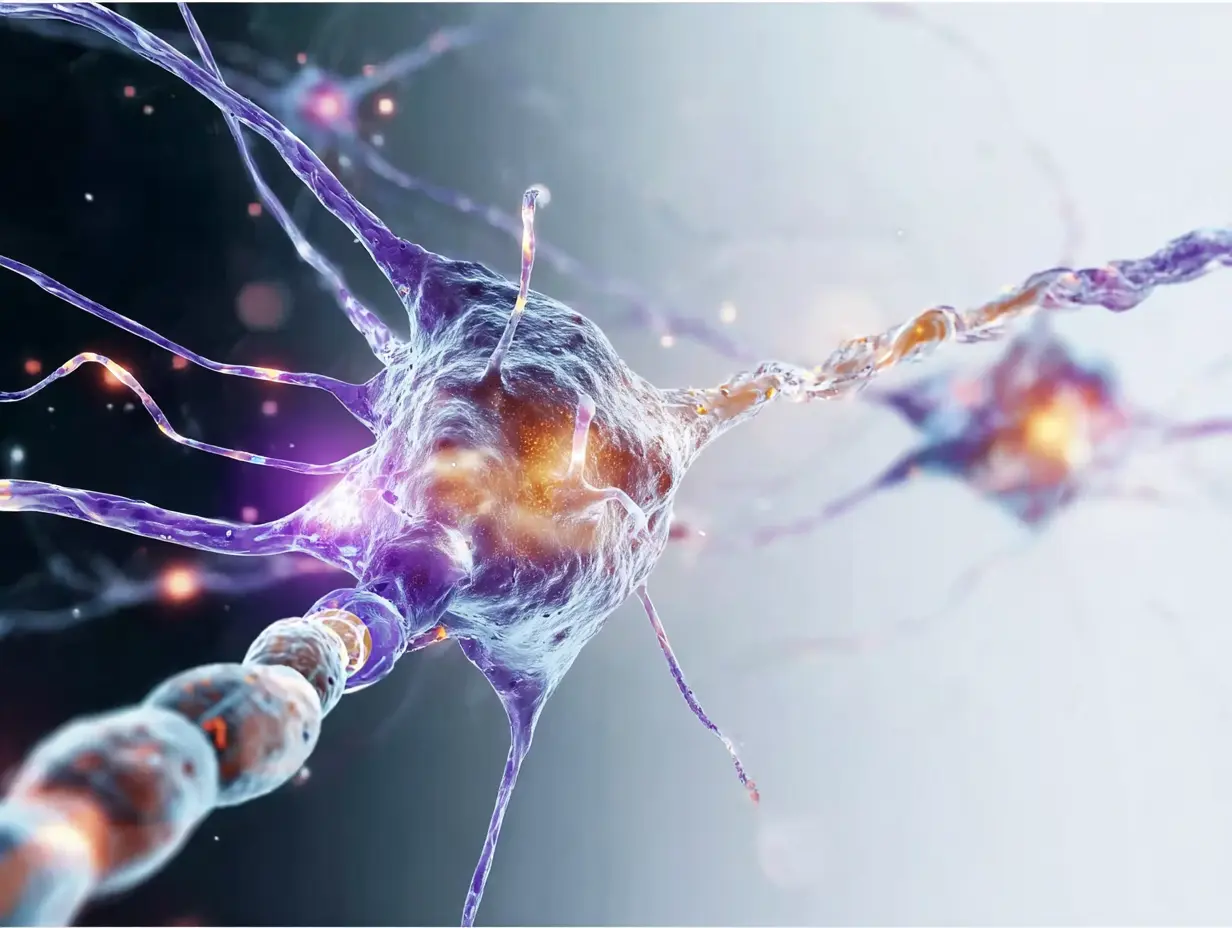 A close-up, detailed illustration of a neuron with glowing connections and branches, representing nerve cells and electrical activity in the brain or nervous system on a blurred background.