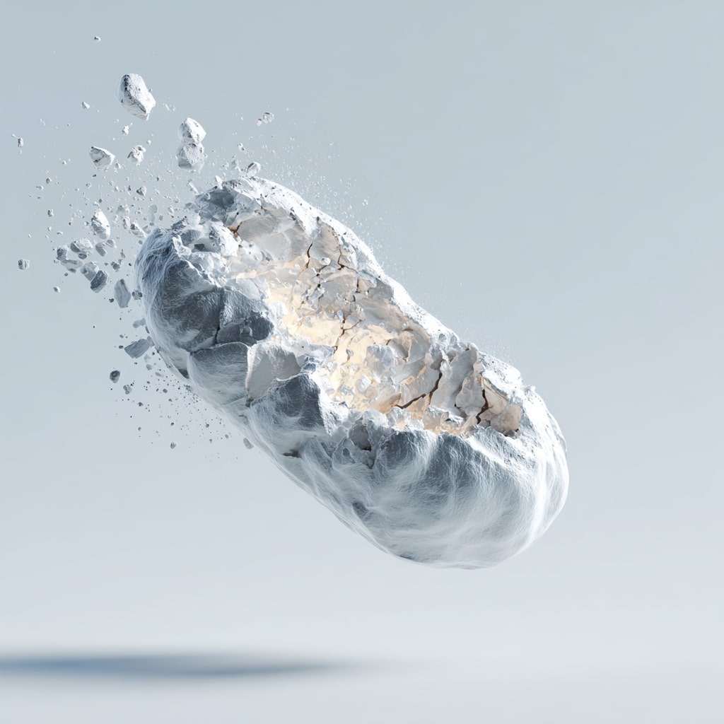 A cracked, floating, white stone or chunk of plaster is breaking apart, with small fragments and dust scattering in the air against a light gray background.