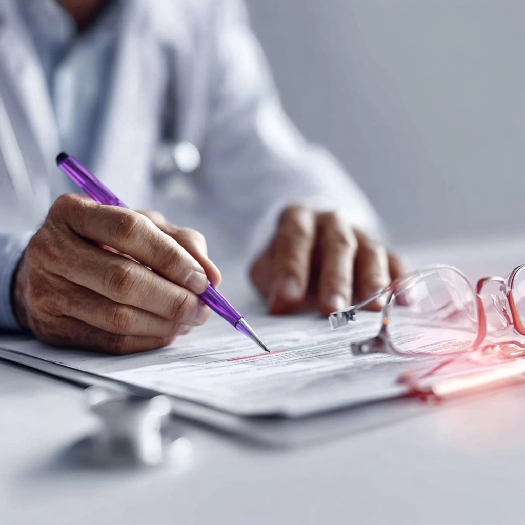 A person in a white coat writes on a document with a purple pen at a desk. A pair of eyeglasses and a stethoscope are placed on the table nearby. The scene suggests a medical or professional setting.