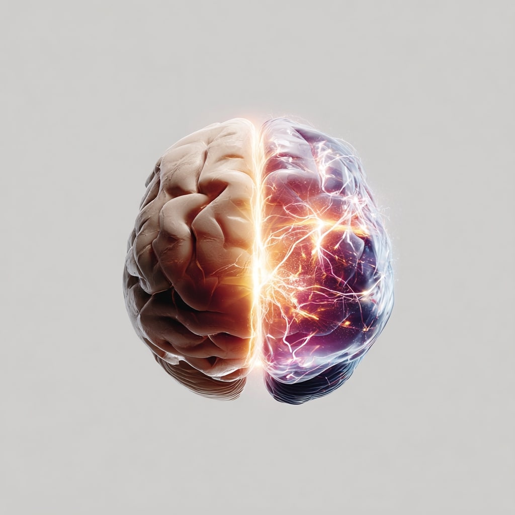 A human brain split in half: the left side appears realistic and fleshy, while the right side is glowing, blue-tinted, and covered in bright electric sparks, symbolizing contrasting brain functions.