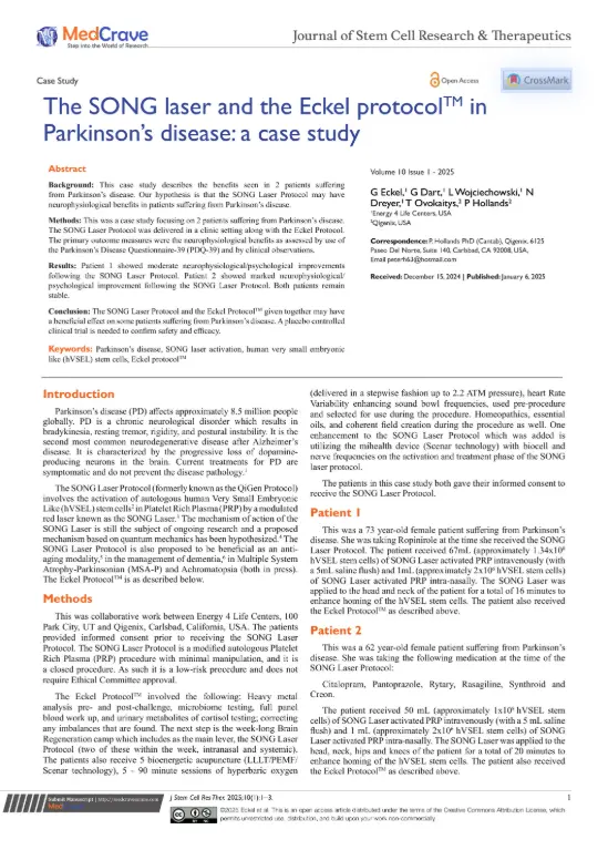 A case study page from the Journal of Stem Cell Research & Therapeutics titled “The SONG laser and the Eckel protocol in Parkinson’s disease: a case study,” featuring text in columns, headings, and a highlighted abstract.