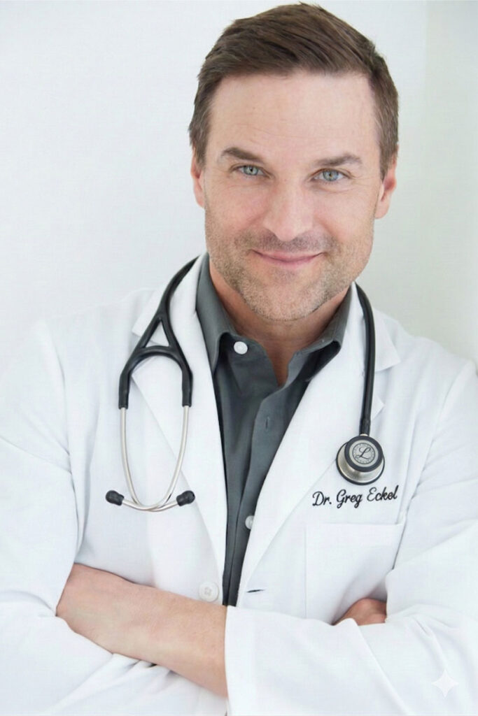 A man wearing a white lab coat with a stethoscope around his neck stands with arms crossed, smiling confidently. The name "Dr. Greg Eckel" is embroidered on his coat.