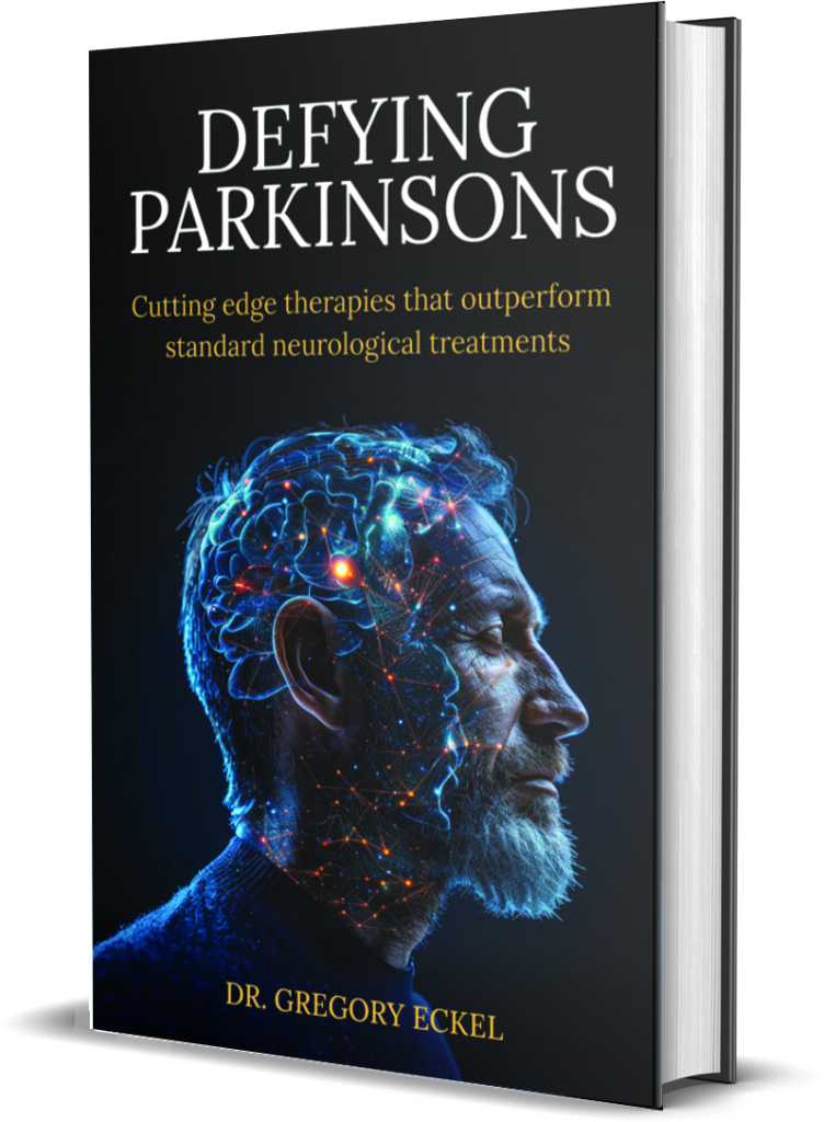 3D book cover titled "Defying Parkinsons" by Dr. Gregory Eckel, featuring a profile of an older man with glowing neural network graphics over his head and a dark background.